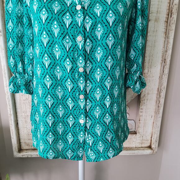 NY Collection Women's Petite Short Balloon Sleeve Button Front Blouse Top Geo - Picture 5 of 11